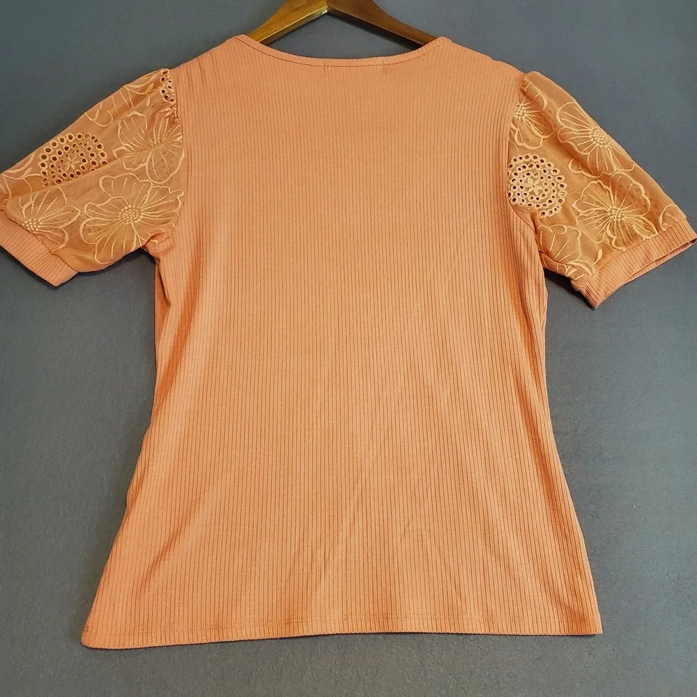 Absolutely Famous S Peach Ribbed Shirt Sheer Eyelet Floral Puffy Short Sleeve